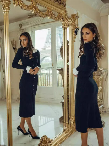 Winter Knitwear V-Neck Maxi Dress Female Ruffled High Waist Cardigan Ribbed Sweater Elegant Party Dress Women’s Knit Dress