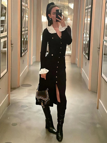 Winter Knitwear V-Neck Maxi Dress Female Ruffled High Waist Cardigan Ribbed Sweater Elegant Party Dress Women’s Knit Dress