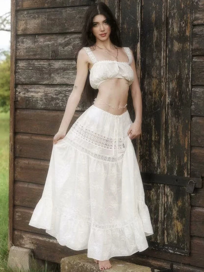 Women¡®s Casual 2 Piece Sets Bandage Sleeveless Crop Top See Through Lace Up A Line Maxi Dress Holiday Party Lady Outfits