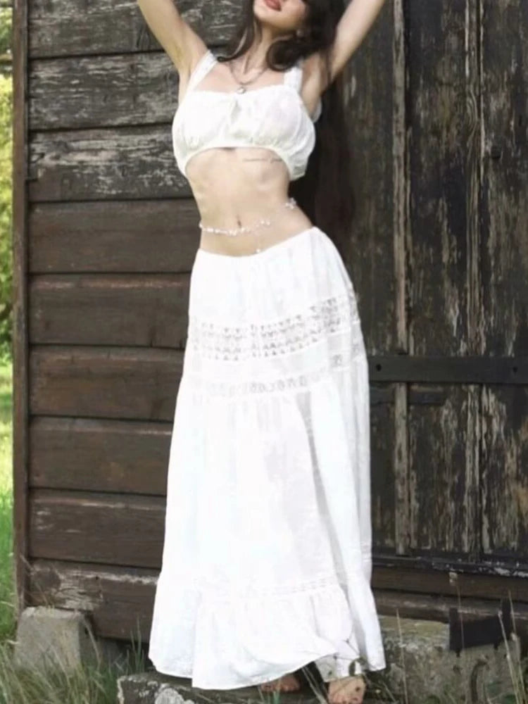 Women¡®s Casual 2 Piece Sets Bandage Sleeveless Crop Top See Through Lace Up A Line Maxi Dress Holiday Party Lady Outfits