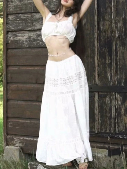 Women¡®s Casual 2 Piece Sets Bandage Sleeveless Crop Top See Through Lace Up A Line Maxi Dress Holiday Party Lady Outfits