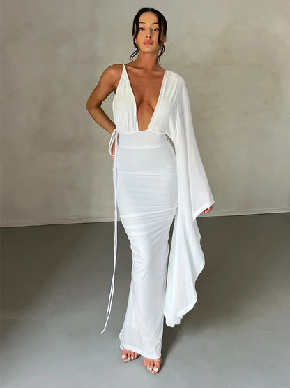Long One Shoulder Chic V Neck Backless Nightclub Sexy Summer Maxi Dress