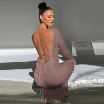 Long Slim Bodycon Temperament Backless Nightclub Sexy Autumn Winter Maxi Dress