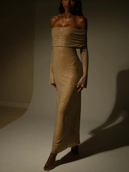 Off Shoulder Long Sparkle Glitter Nightclub Sexy Autumn Winter Maxi Dress