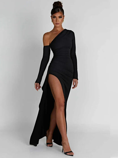 Inclined Shoulder Long High Split Slim Bodycon Sexy Autumn Winter Maxi Dress