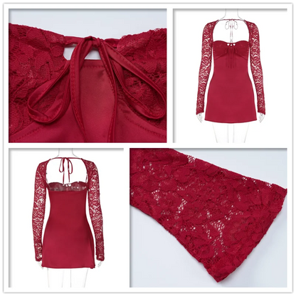 Lace Patchwork Waist Wrap A-line Autumn Winter Backless Nightclub Party Mini Dress