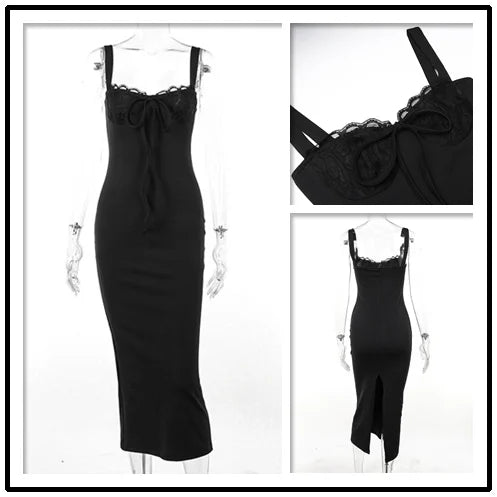Lace Side Spaghetti Strap Summer Elegant Long Nightclub Sexy Midi Dress