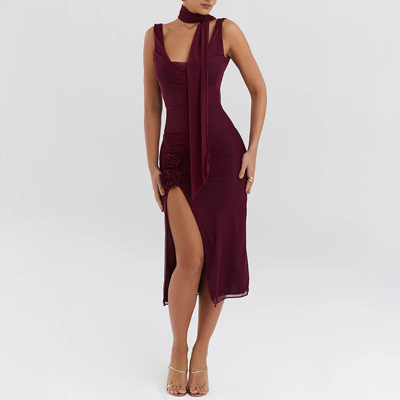Mesh Slim Bodycon Spaghetti Strap Spring Summer Backless Split Sexy Midi Dress