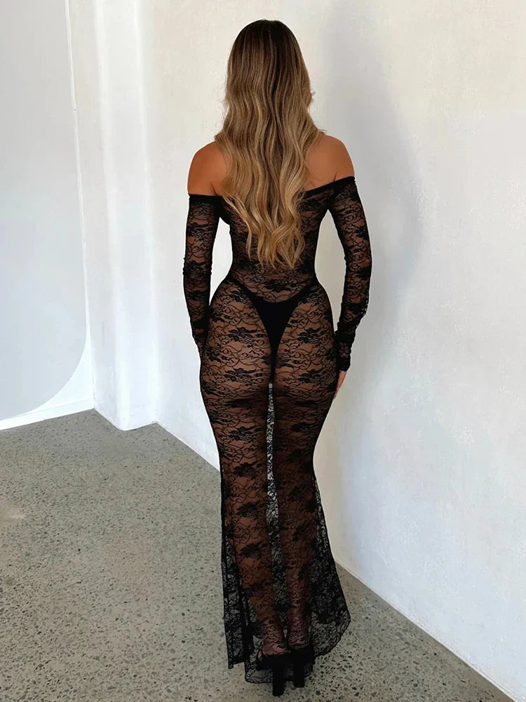 Lace Long Off Shoulder Backless Sexy Autumn Winter Maxi Dress