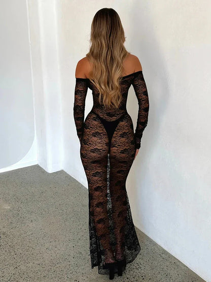 Lace Long Off Shoulder Backless Sexy Autumn Winter Maxi Dress