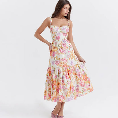 Print Bodycon A-line Spaghetti Strap Summer Long Nightclub Sexy Midi Dress
