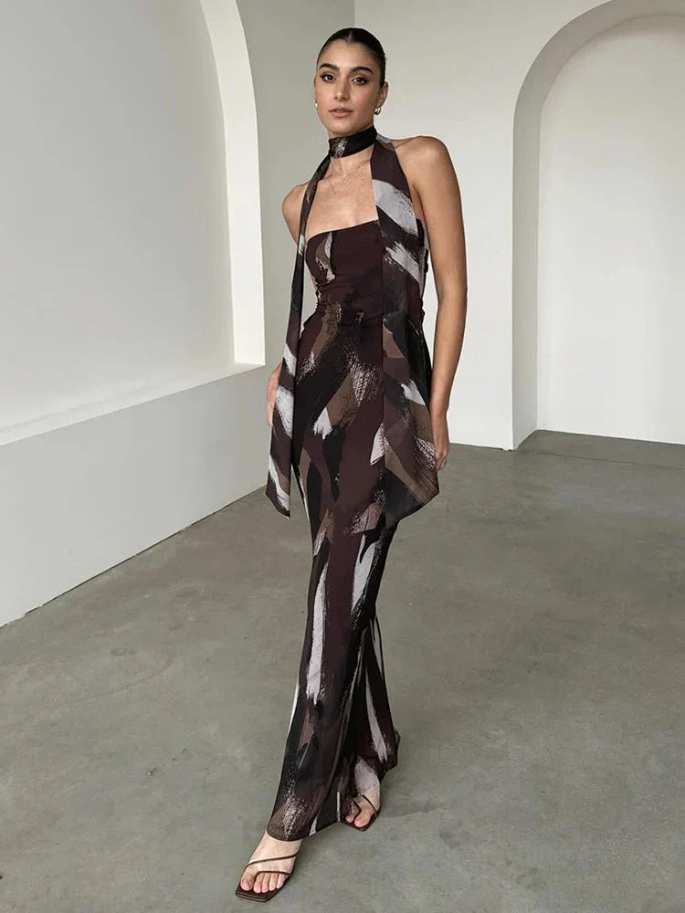 Scarf Print Bodycon Long Backless Nightclub Sexy Spring Summer Maxi Dress