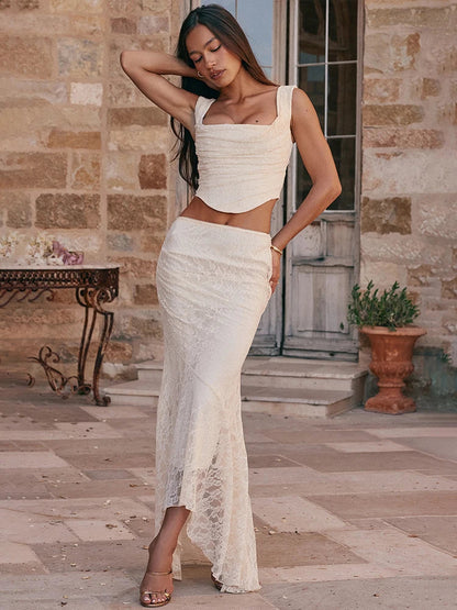 Party Lace Spaghetti Strap Crop Top Slim Bodycon Summer 2 Piece Dress