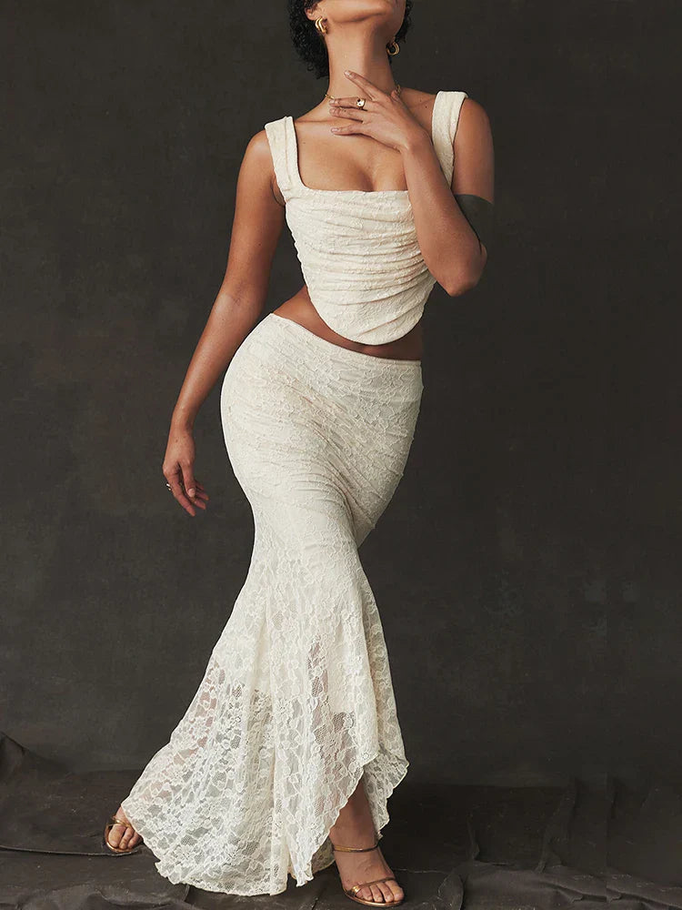 Party Lace Spaghetti Strap Crop Top Slim Bodycon Summer 2 Piece Dress