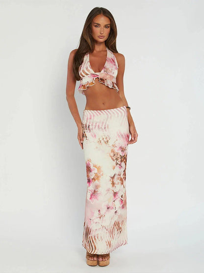 Party Printed Halter-neck Crop-top 2 Piece Dress