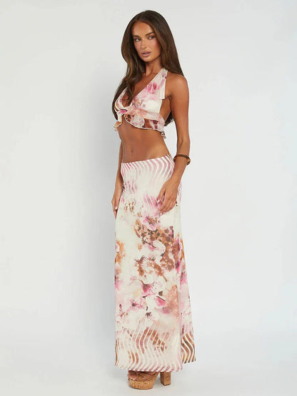 Party Printed Halter-neck Crop-top 2 Piece Dress