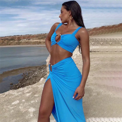 Party Spaghetti Strap Crop Top Slim Bodycon Summer 2 Piece Dress