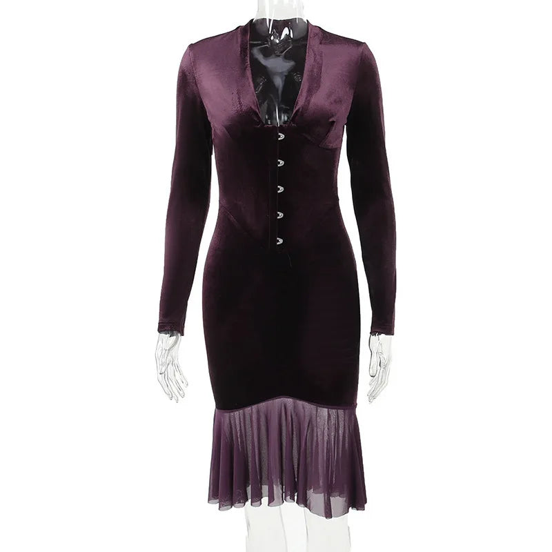 Single Velvet Slim Bodycon Mini Autumn Winter Ruffles Nightclub Sexy Midi Dress