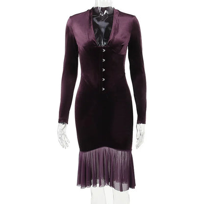 Single Velvet Slim Bodycon Mini Autumn Winter Ruffles Nightclub Sexy Midi Dress