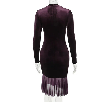 Single Velvet Slim Bodycon Mini Autumn Winter Ruffles Nightclub Sexy Midi Dress