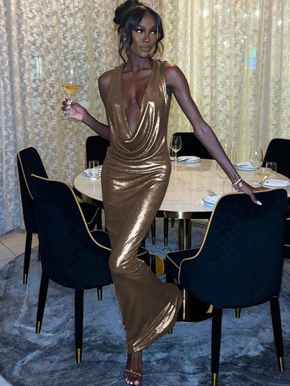 Slim Elegant Deep V Neck Backless Sexy Party Gold 2025 Maxi Dress