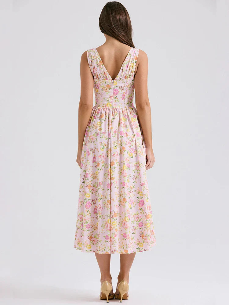 Waist Wrap A-line Spaghetti Strap Spring Summer Elegant Long Sexy Midi Dress
