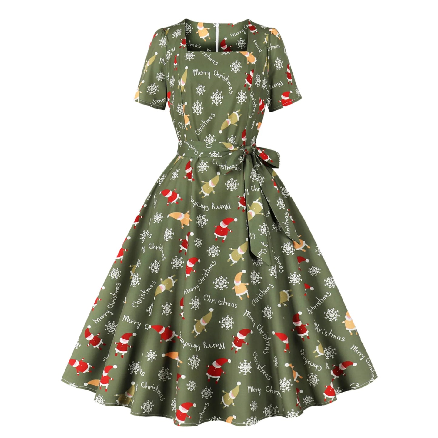 Trend Elegant Christmas Party Dresses Women Print Square Collar Short Sleeves Bowknot Leace-up A-line Dress Female New Vestidos