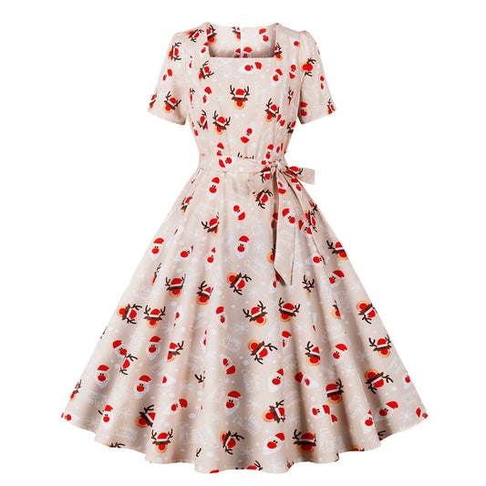 Trend Elegant Christmas Party Dresses Women Print Square Collar Short Sleeves Bowknot Leace-up A-line Dress Female New Vestidos