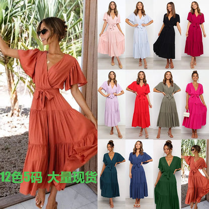 Trendy Solid Color Ruffles Long Dresses Women Sexy V-neck Ruffle Sleeves Leace-up Temperament Elegant Lady Dress 2025 Summer New