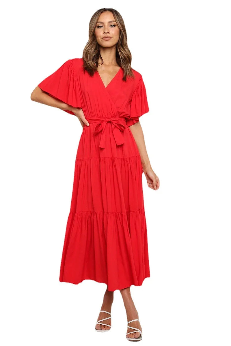 Trendy Solid Color Ruffles Long Dresses Women Sexy V-neck Ruffle Sleeves Leace-up Temperament Elegant Lady Dress 2025 Summer New