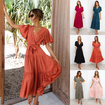 Trendy Solid Color Ruffles Long Dresses Women Sexy V-neck Ruffle Sleeves Leace-up Temperament Elegant Lady Dress 2025 Summer New