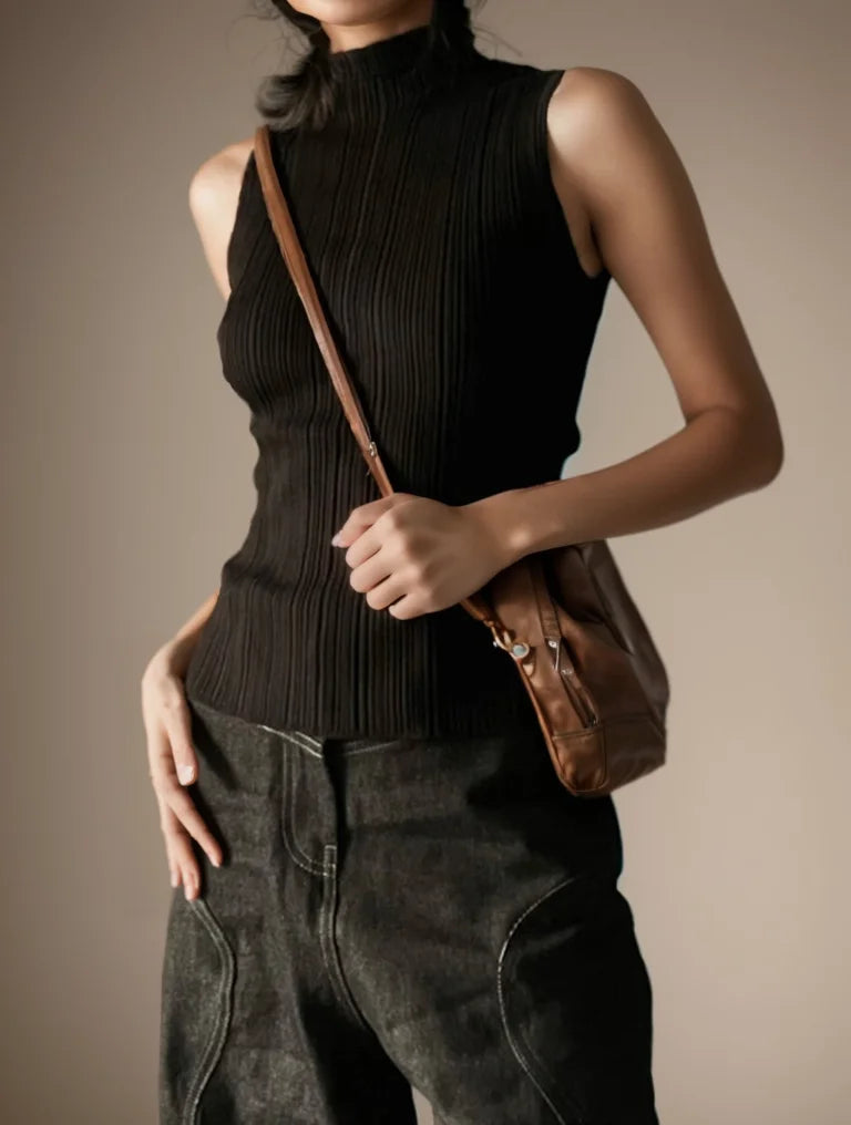 Turtleneck Knitted Tank Top for Women’s Summer Sleeveless Elastic Sexy Slim Basic Tops Streetwear