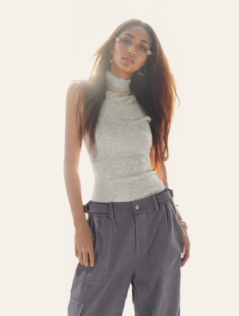 Turtleneck Knitted Tank Top for Women’s Summer Sleeveless Elastic Sexy Slim Basic Tops Streetwear