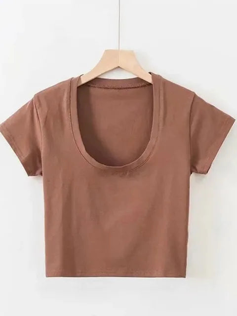 U-Neck Crop Top Solid Color Women Casual High Waist T Shirt Basic Sexy Streetwear Short Sleeve Slimming Tops