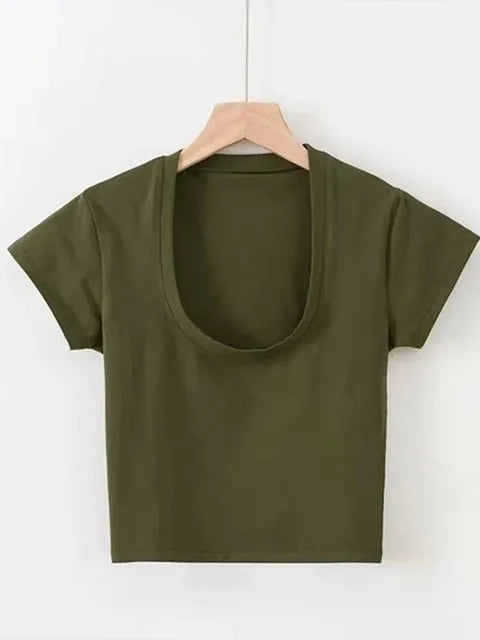 U-Neck Crop Top Solid Color Women Casual High Waist T Shirt Basic Sexy Streetwear Short Sleeve Slimming Tops