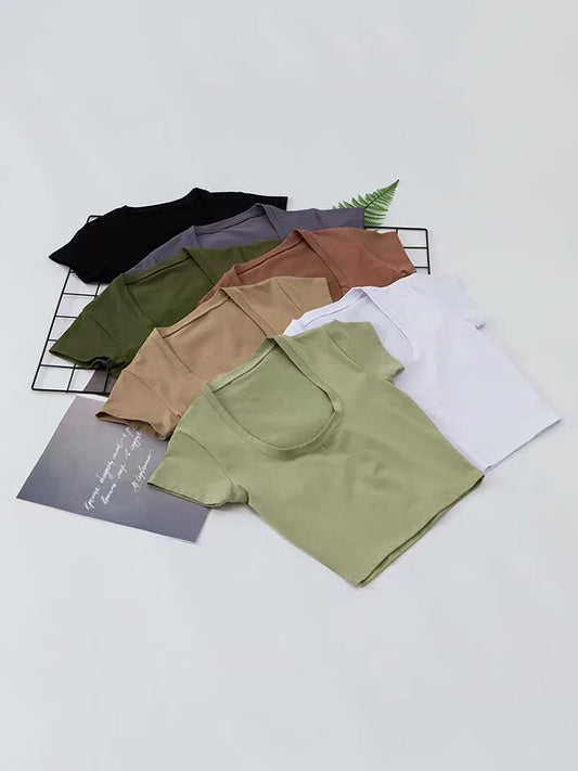 U-Neck Crop Top Solid Color Women Casual High Waist T Shirt Basic Sexy Streetwear Short Sleeve Slimming Tops
