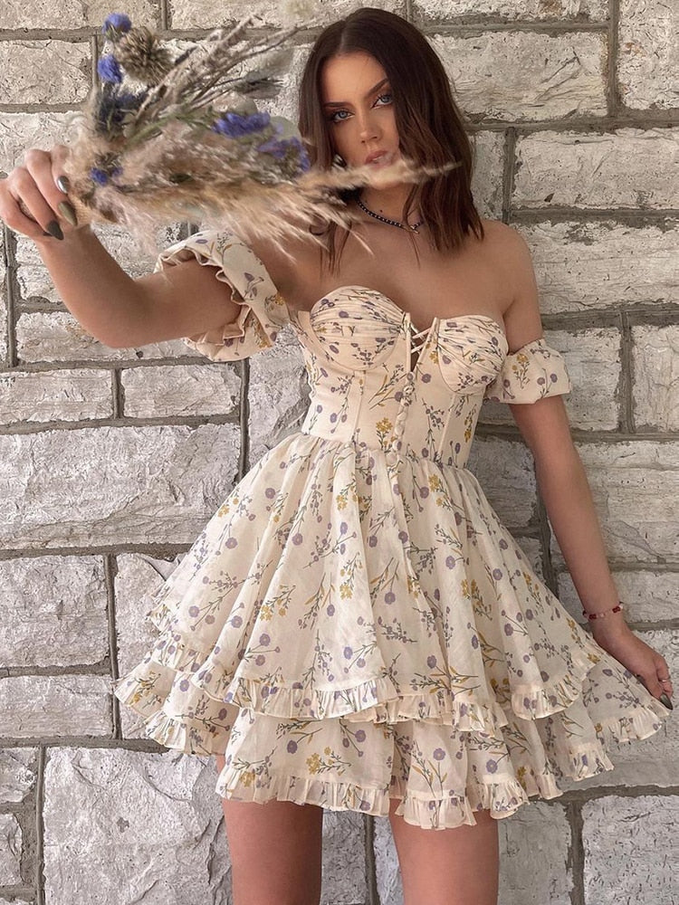 Voguable  WannaThis Floral Y2K Mini Dress Corset Off Shoulder Ruffle Puff Sleeve Streetwear Chic Party Vestidos New