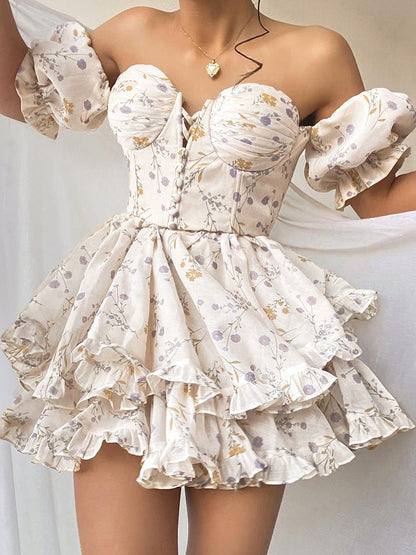 Voguable  WannaThis Floral Y2K Mini Dress Corset Off Shoulder Ruffle Puff Sleeve Streetwear Chic Party Vestidos New
