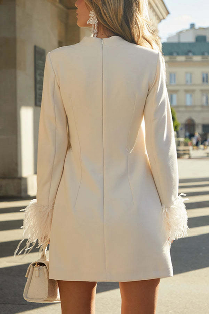 Emilia - Feather Trim Long Sleeve H-line Mini Dress