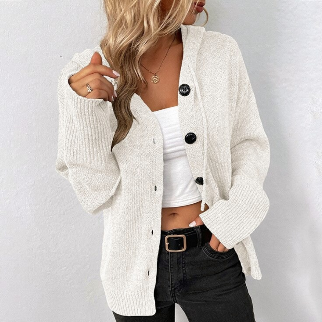 Cárdigan de punto acogedor para mujer con capucha y cordón ajustable | Ideal para otoño/invierno