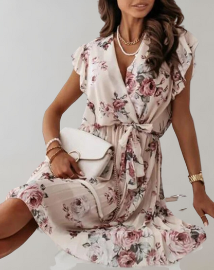 Women’s Classic Double Breasted Floral Print Midi Dress with Ruffle Sleeves | Ideal for Spring/Summer