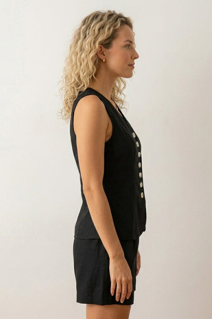 V Neck Button-up Cotton Linen Vest Shorts Set