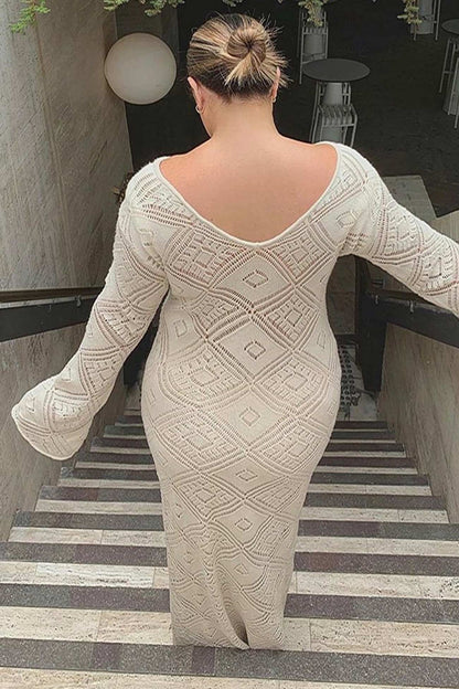 V Neck Crochet Checkered Hollow Out Midi Dress