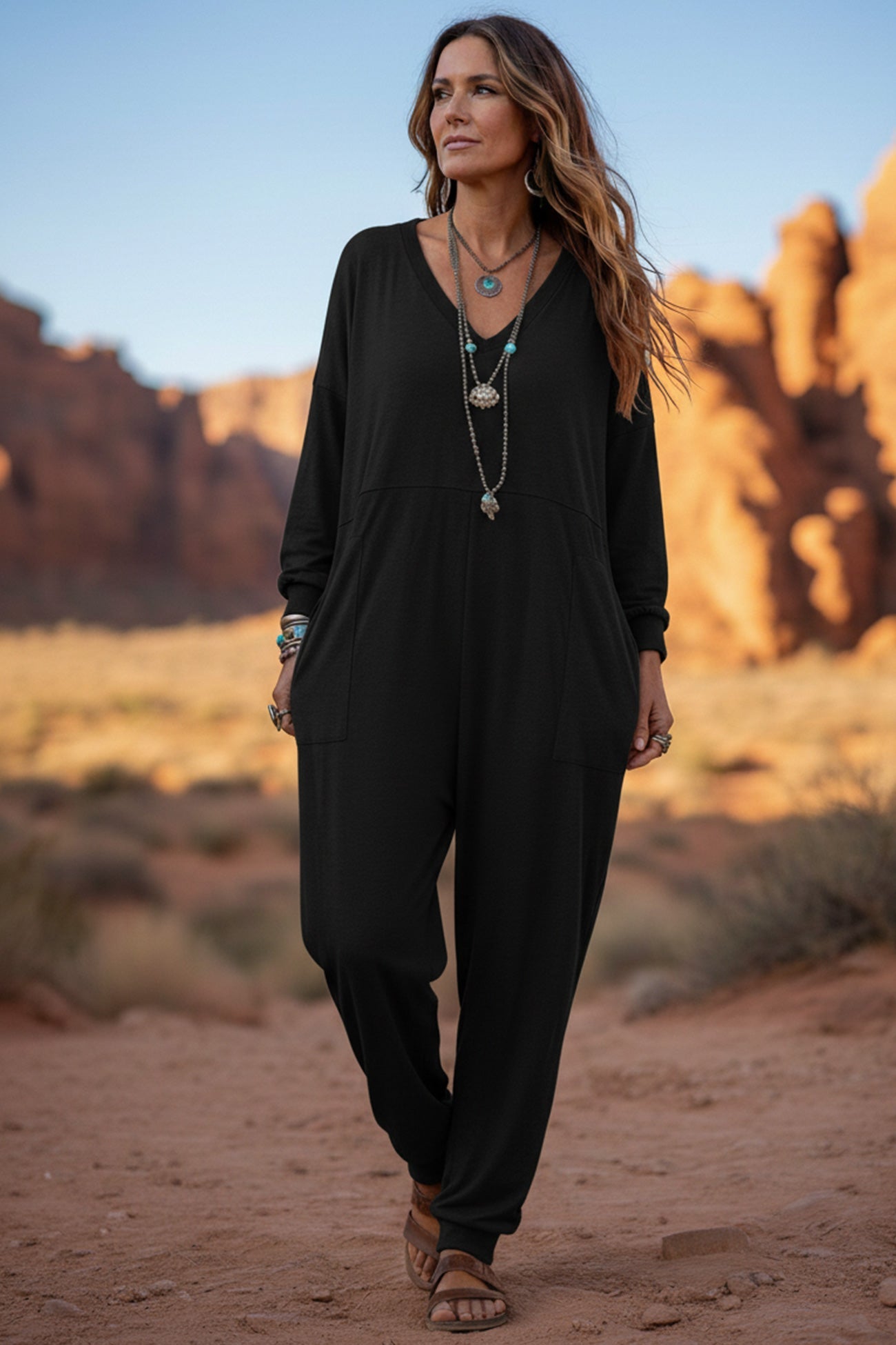V Neck Drop Shoulder Pocket Jumpsuit