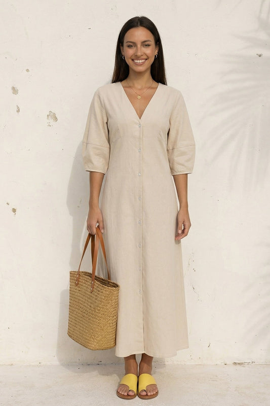 V Neck Single-breasted Cotton Linen A-line Dress