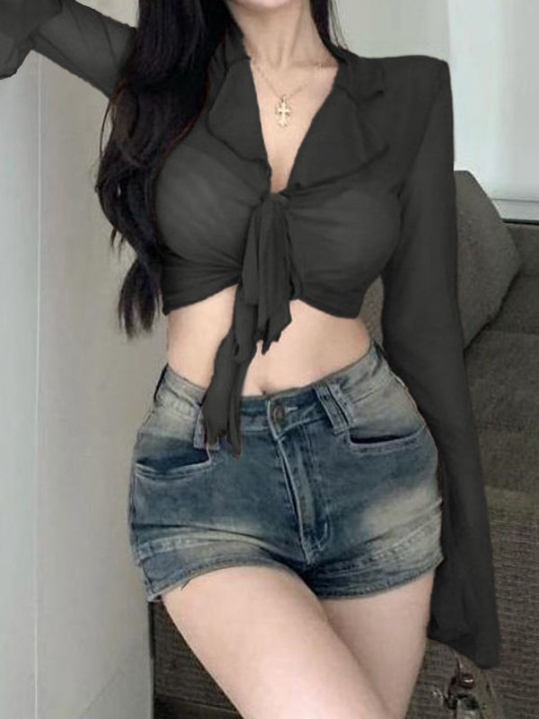 Lace Up Sheer Mesh Cropped Long Sleeve Blouse