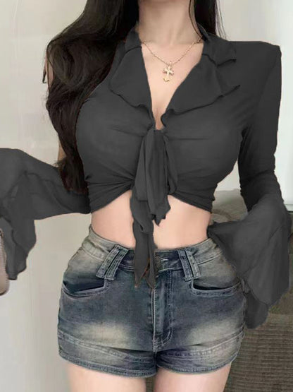 Lace Up Sheer Mesh Cropped Long Sleeve Blouse