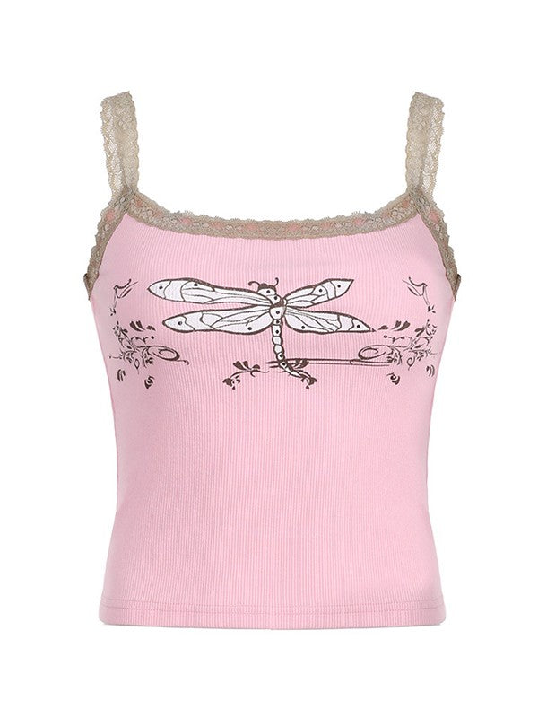 Lace Trim Printed Ribbed Crop Cami Top