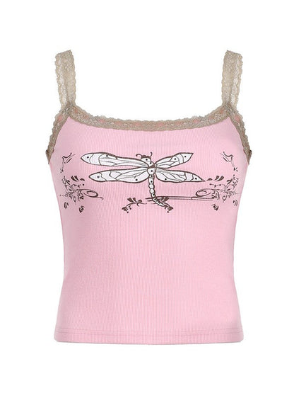 Lace Trim Printed Ribbed Crop Cami Top