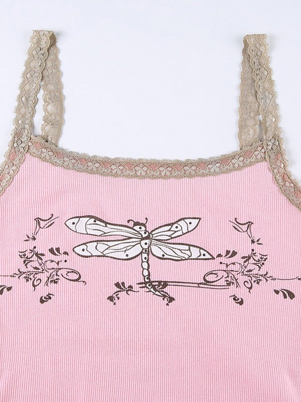 Lace Trim Printed Ribbed Crop Cami Top